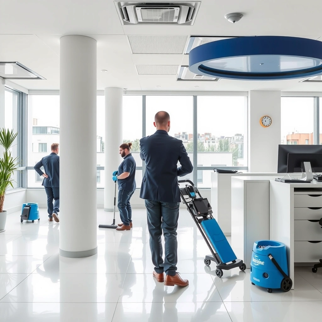 Professional cleaning team at work in a modern London office building