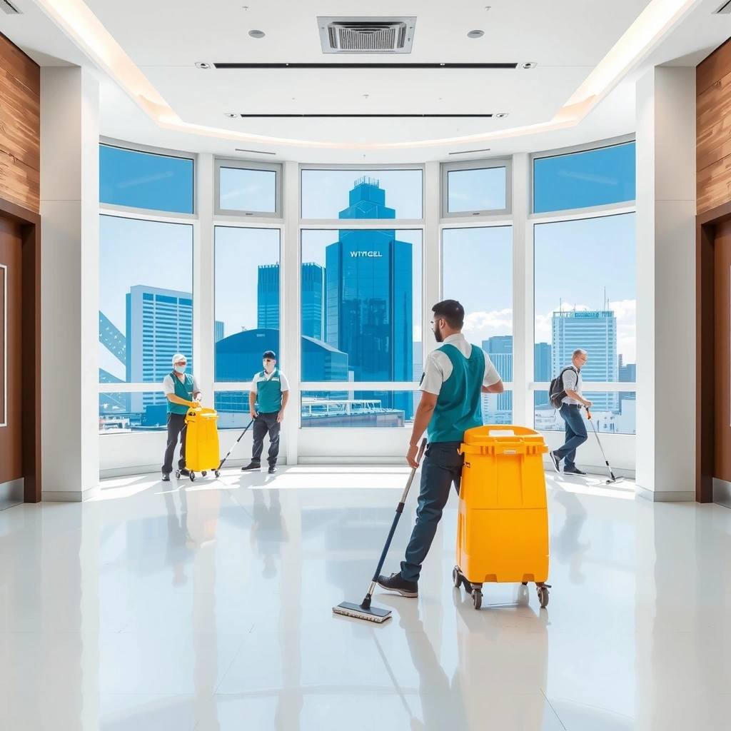 Professional cleaning service team working in a modern office